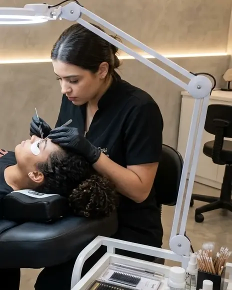 Lash designer sorrindo enquanto aplica extensão de cílios na cliente